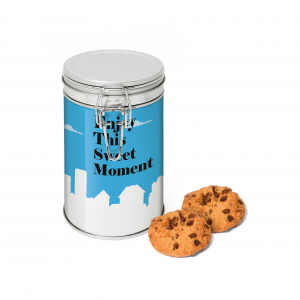 Silver Flip Top Tin filled with Maryland chocolate chip cookies. Branded with a gloss belly wrap.
